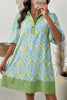 Sky Blue Floral Print Color Block Patchwork Shirt Collar Half Sleeve Mini Dress