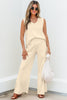 Beige Solid Color Tank Top and Smocked Waist Pants Set