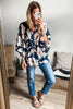 Sail Blue Abstract Floral Print Puff Sleeve Half Button Blouse