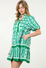 Bright Green Abstract Patterned V Neck Puff Short Sleeve Mini Dress
