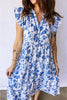 Blue Ruffled Short Sleeve Tiered Floral Midi Dress