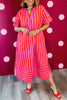 Red Stripe V Neck Cuffed Sleeve Relaxed Split Midi Dress