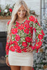 Red Floral Print Lace up V Neck Flounce Sleeve Blouse