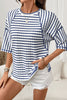 Blue Stripe Textured Knit Split Hem Half Sleeve Loose Top