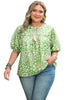 Green Plus Size Floral Tassel Tie Split Neck Puff Sleeve Blouse
