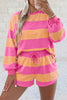 Pink Stripe Long Sleeve Casual Top Drawstring Shorts 2pcs Set