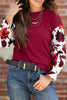 Wild Ginger Contrast Floral Sleeve Solid Ribbed Body Patchwork Long Sleeve Top