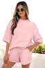 Light Pink Solid Color Exposed Seam Mock Neck Oversize Tee Casual Shorts 2pcs Outfit