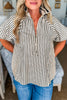 Black Stripe Polo Collar Half Zip Short Puff Sleeve Blouse