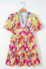 Rose Bright Floral Print Ricrac Trim Striped Patchwork V Neck Dress