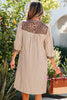 Khaki Stripe Square Button Leopard Trim Loose Bracelet Sleeve Shirt Dress