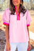 Pink Contrast Striped V Neck Collision Short Puff Sleeve Blouse