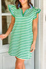 Green Stripe Print Contrast Collar Split Neck Flutter Sleeve Short Dress