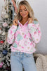 Pink Cute Christmas Print Collar Half Button Loose Sweatshirt