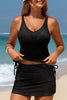 Black Ribbed Knit Crossed Detail Tank Skort 2pcs Swimsuit