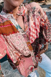 Red Boho Geometric Mixed Print Patchwork Bubble Sleeve Shirt