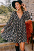 Black Floral Deep V Neck Smocked Bust Bubble Sleeve Babydoll Dress