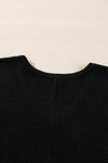 Black Waffle Knit Side Slits Loose Fit V Neck Top