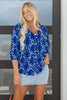 Blue Botanical Print Bracelet Sleeve Notched Neck Blouse