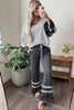 Blue Stripe V Neck Ruffle Contrast Sleeve Top Drawstring Pants 2pcs Set