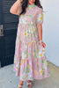 Pink Floral Print Short Puff Sleeve High Waist Tiered Maxi Dress