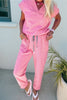 Mint Green Solid Color V Neck Tee Drawstring Pant Set
