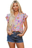 Pink Flutter Sleeve V Neck Floral Top