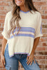 White Striped V Neck Dolman Sleeve Rib Knit Oversized Sweater with Slits