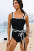 Black Colorblock Edge Belted One Piece Swimsuit