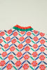 Red Floral Print Striped Detail V Neck Ruffled Short Sleeve Blouse