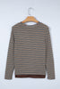Brown Faux Two Piece Textured Striped Round Neck Long Sleeve T Shirt