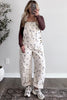 Light French Beige Polka Dot Print Bib Pocket Denim Barrel Overalls Jumpsuit