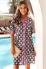 Blue Striped Trim Short Sleeve Vintage Floral Shift Dress