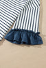Blue Stripe V Neck Ruffle Contrast Sleeve Top Drawstring Pants 2pcs Set
