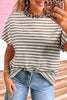 Khaki Stripe Leopard Patchwork Round Neck Loose T Shirt