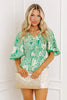 Green Flirty Floral Smocked V Neck Blouse