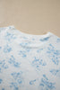 Sky Blue Floral Print Striped Detail Long Sleeve Top Ruffle Hem Shorts 2pcs Set