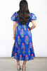 Blue Floral Puff Short Sleeve V Neck High Waist Maxi Dress