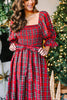 Red Tartan Plaid Square Neck Puff Sleeve Knot Waist Flared Midi Dress