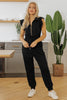 Black Zipper Flutter Sleeve Drawstring High Waist Jumpsuit