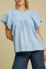 Beau Blue Solid Color Embroidered Scalloped Sleeves Crew Neck Blouse