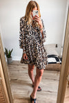 Rose Leopard Print Buttoned Front 3/4 Sleeve Tiered Ruffled Hem Dress