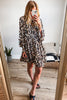 Rose Leopard Print Buttoned Front 3/4 Sleeve Tiered Ruffled Hem Dress