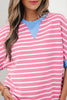 Pink Stripe Contrast Trim Loose Short Sleeve Top