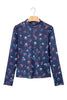Blue Polka Dot Floral Mesh Long Sleeve High Neck Pullover Sheath Top