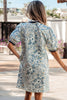 Blue Floral Print Striped Webbing Patchwork Collar Short Sleeve Mini Dress