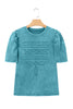 Turquoise Mineral Wash Western Embroidered Detail Short Puff Sleeve Cotton Tee