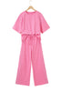 Sachet Pink Lace Patchwork Half Sleeve Top Elastic Waist Pants Two Piece Set