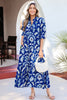 Blue Wild Floral Print Frilled Collar Half Sleeve Long Dress