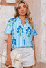 Sky Blue Stripe Floral Buttoned Frilly Notched Neck Puff Sleeve Summer Blouse